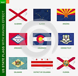 Set of US state flags with waving effect, national flag with texture