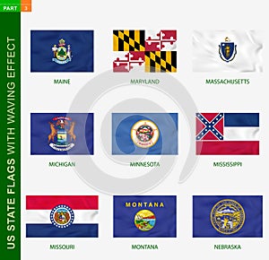 Set of US state flags with waving effect, national flag with texture