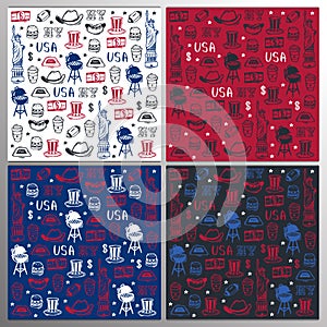 Set of USA Hand draw doodle backgrounds. United States Of America popular symbols and elements. Vector illustration.