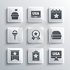 Set USA Independence day, on monitor, Burger, Medal with star, American flag, Torch flame, Cake and Calendar date July 4