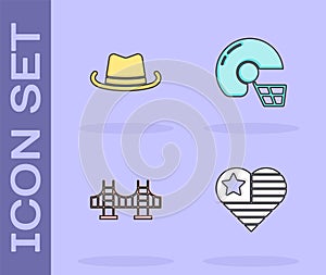 Set USA Independence day, Western cowboy hat, Golden gate bridge and American football helmet icon. Vector