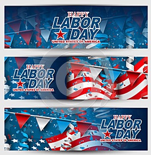 A set of USA Labor Day banners. Advertisement design or websute header. United States national flag with confetti and bunting