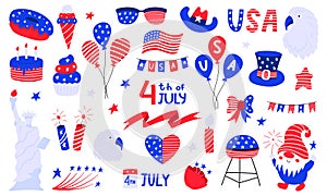 Set of USA national symbols for independence day. 4th July clip art. Top hat, balloons, star, gnome, eagle, american