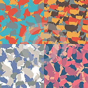 Set of USA shape camo seamless pattern. Colorful America urban camouflage. Vector fabric textile print design