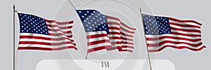 Set of USA waving flag on isolated background vector illustration