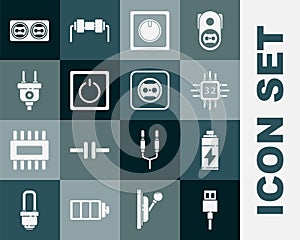 Set USB cable cord, Battery, Processor with microcircuits CPU, Electric light switch, plug, Electrical outlet and icon