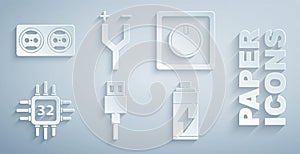 Set USB cable cord, Electric light switch, Processor with microcircuits CPU, Battery, and Electrical outlet icon. Vector