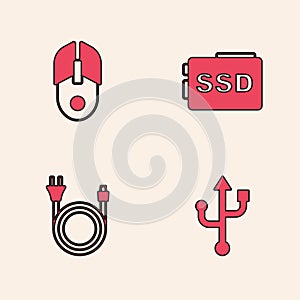 Set USB, Computer mouse, SSD card and Electric plug icon. Vector
