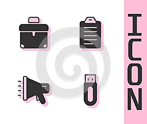 Set USB flash drive, Briefcase, Megaphone and To do list or planning icon. Vector