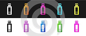 Set USB flash drive icon isolated on black and white background. Vector