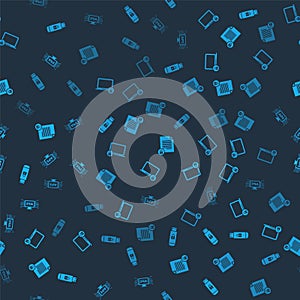 Set USB flash drive with lock, Laptop and, Document and Computer api interface on seamless pattern. Vector