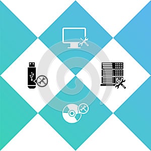 Set USB flash drive service, CD or DVD disk, Computer monitor and Database server icon. Vector