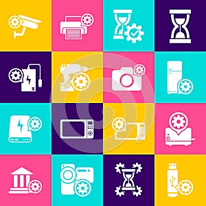 Set USB flash drive setting, Toaster, Refrigerator, Hourglass, Drill machine and Power bank icon. Vector