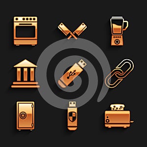 Set USB flash drive, and shield, Toaster with toasts, Chain link, Safe and Bank building icon. Vector