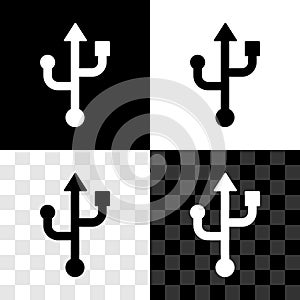 Set USB symbol icon isolated on black and white, transparent background. Vector