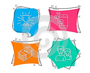 Usd currency, Trophy and Communication icons. Teamwork sign. Buying commerce, Winner cup, Smartphone messages.