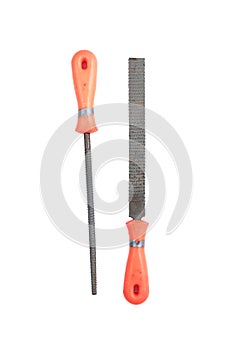Set of Used metal file with orange handle isolated on a white background. Construction equipment.