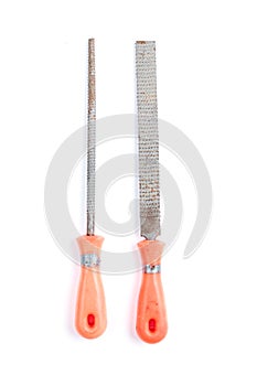 Set of Used metal file with orange handle isolated on a white background. Construction equipment.