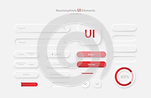 A set of user interface elements for a mobile application in white and red.