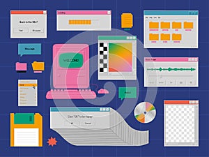 Set of user interface elements in retro style. Tabs, icons, windows. Old computer 90s concept