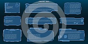 Set of user interface elements in the style of HUD, GUI, UI. Vector frames, callouts with text panels and a description. HUD-style
