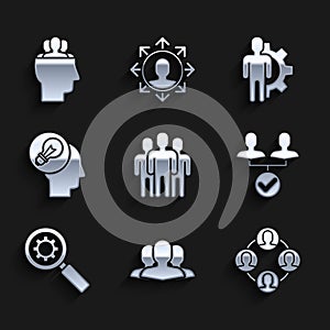 Set Users group, Project team base, Magnifying glass and gear, Human head with lamp bulb, inside and icon. Vector