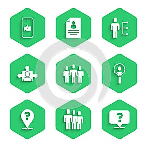 Set Users group, Question mark, Search people, Project team base, of man in business suit and Hand like icon. Vector