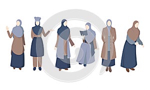 Set of uslim woman wearing casual clothes and hijab vector illustration.