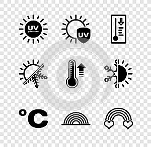 Set UV protection, Meteorology thermometer, Celsius, Rainbow, with heart, Sun and snowflake and icon. Vector