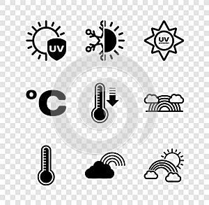 Set UV protection, Sun and snowflake, Meteorology thermometer, Rainbow with cloud, clouds sun, Celsius and icon. Vector