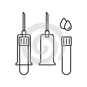 Set of vacuum blood sampling from vein. Linear icon of test tube with cap, needle holder, blood drops. Black illustration of