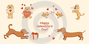 Set valentine dogs with birds and hearts
