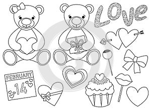 Set Valentine`s day Bears heart balloons gifts candy black and white coloring vector illustration