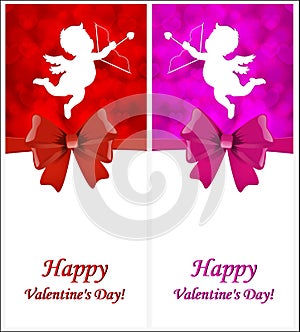 Set of Valentine`s Day card with a festive ribbon and cupid