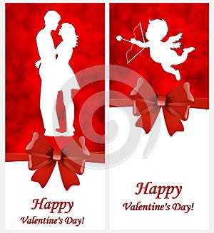 A set of Valentine`s Day cards with a cupid and a couple in love