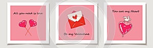 Set of Valentine\'s day cards with Set of three cute vector love stickers