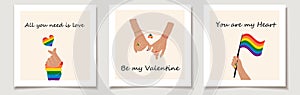Set of Valentine\'s day cards with Set of three Hands showing lgbt heart.