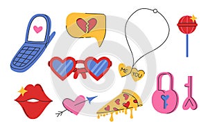 Set of Valentine's day doodle illustrations. Cute retro objects. Hand drawn elements about love. Vector collection