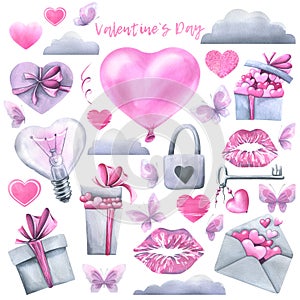 Set for Valentine's Day. With gift boxes with hearts, butterflies, balloon, clouds, lock and key, lip prints