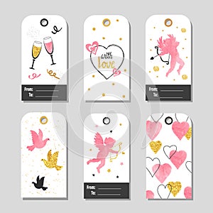 Set of Valentine`s Day gift tags with cute cupid, dove, hearts.