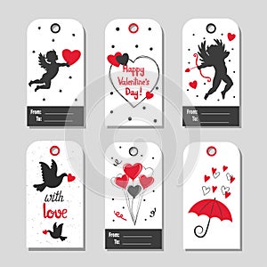 Set of Valentine`s Day gift tags in red and black colors.