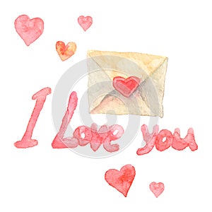 Set for Valentine`s day Hand-drawn watercolor design element heart, lettering love and envelope.