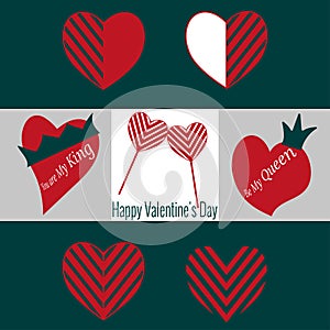 Set of Valentine`s Day icons. Two heart shaped lollipops, heart with crown for decoration.
