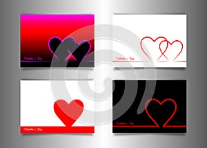 Set Valentine`s day minimal line art stile banners, black and white cards paper cut red hearts. Happy Valentine concept, vector