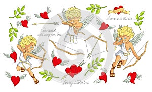 Set of valentine\'s day symbols with Cupid