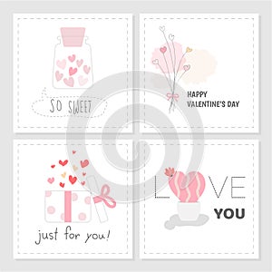 Set of Valentine`s day tag sweet pink color hand drawn style