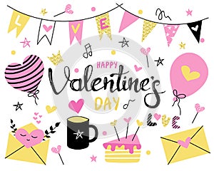 Set with Valentine\'s day on a white background. Bright pink  yellow colors.