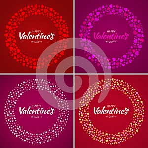 Set of Valentines Day card design. Love circle frame from pattern gentle hearts on bright background.