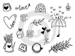 Set of Valentines day concept drawings - rainbow with hearts, calendar, 14th February, candle, continuous line heart, kettle with