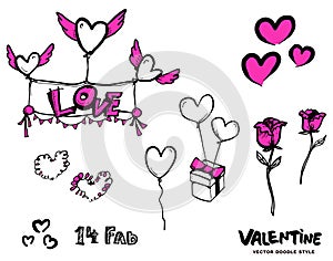 Set of Valentines day elements about love., Cute hand drawn set of icons with hearts.,Valentine`s day theme collection., Hand dra